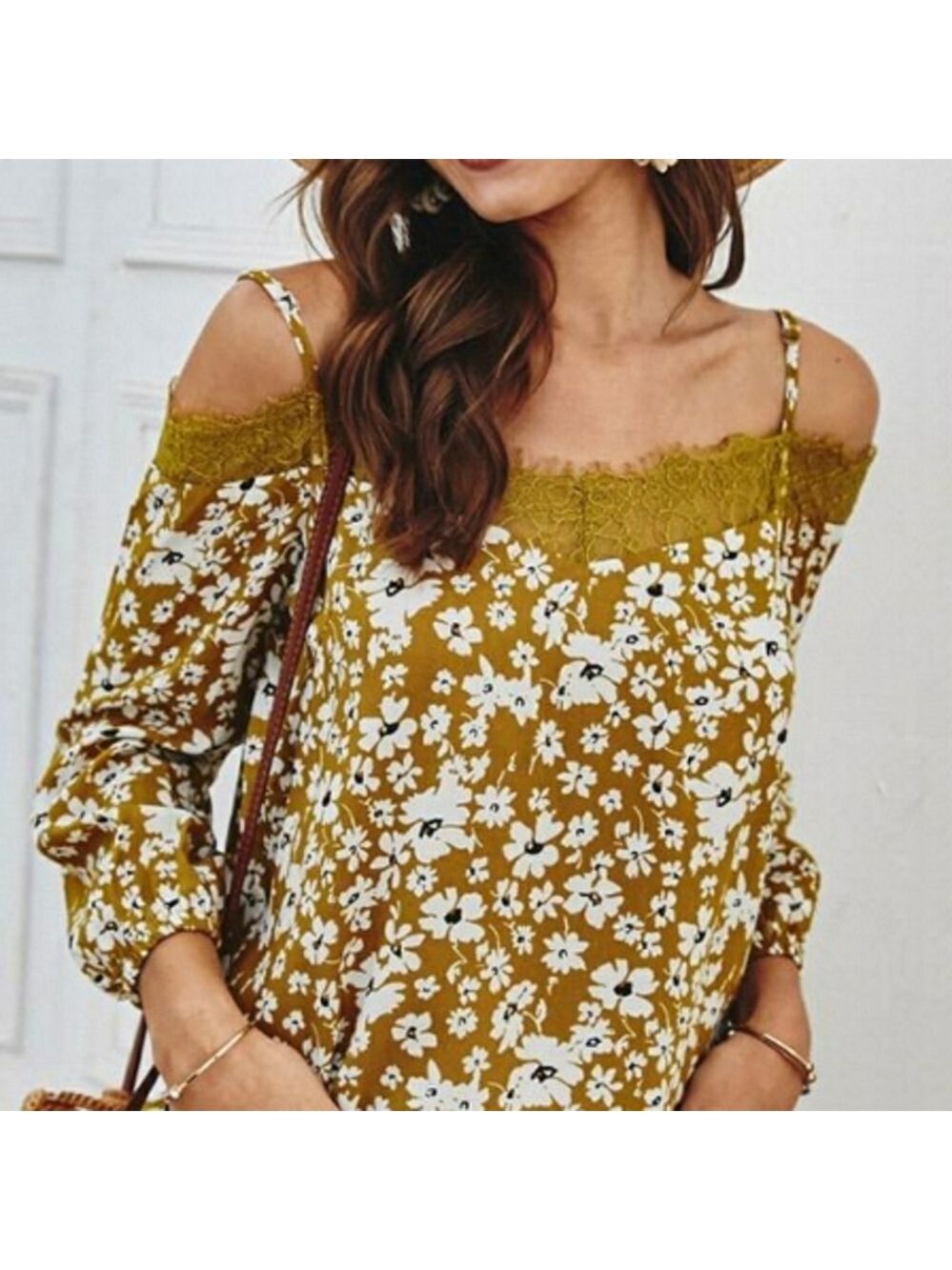 KEILY Yellow Floral Print Off-the-Shoulder blouse top Size XL NWT